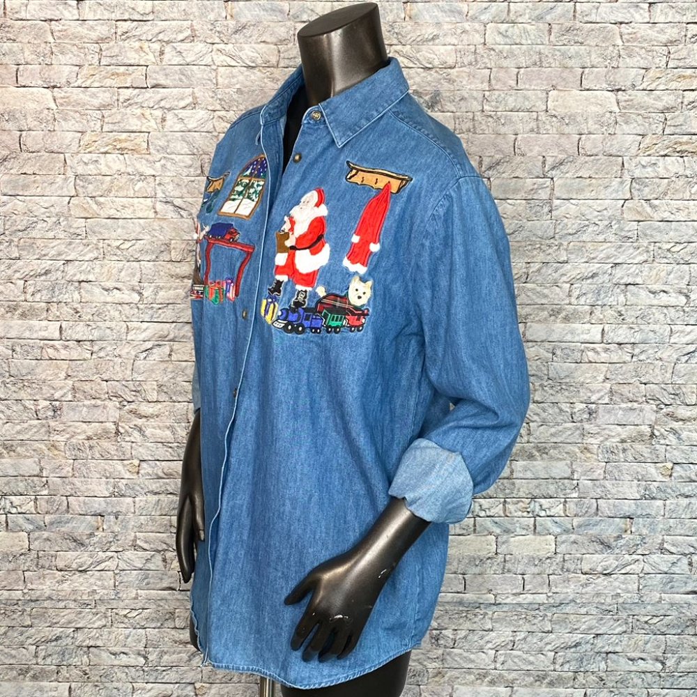 Karen Scott Denim Christmas Shirt Size Large Holiday Embroidery Button Down - Picture 3 of 8
